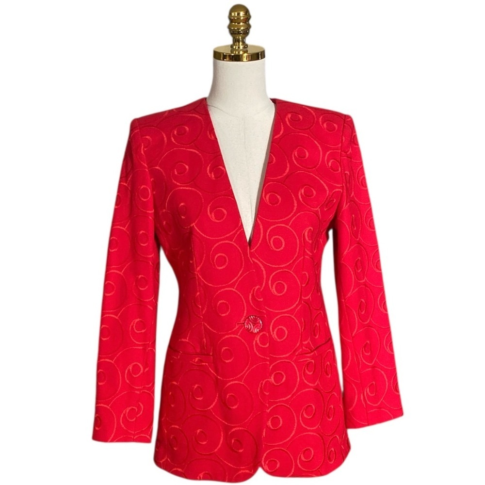Breckenridge Women Vintage Red Artsy Embroidered Swirl Print Preppy Blazer Sz 4P
